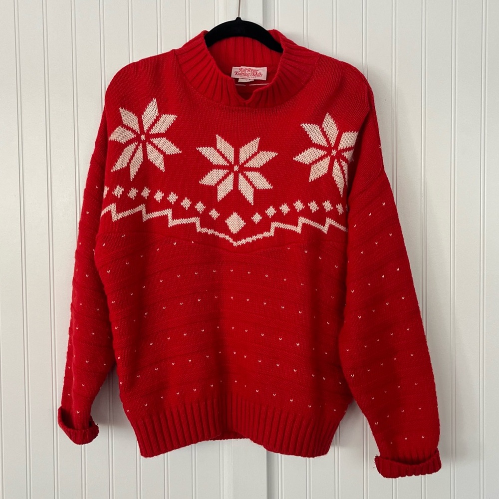 Vintage 80s Red and White Snowflake Sweater Fall River Knitting Mills Heavy Knit
